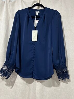 Joie Navy Button-Front Blouse with Lace Cuffs